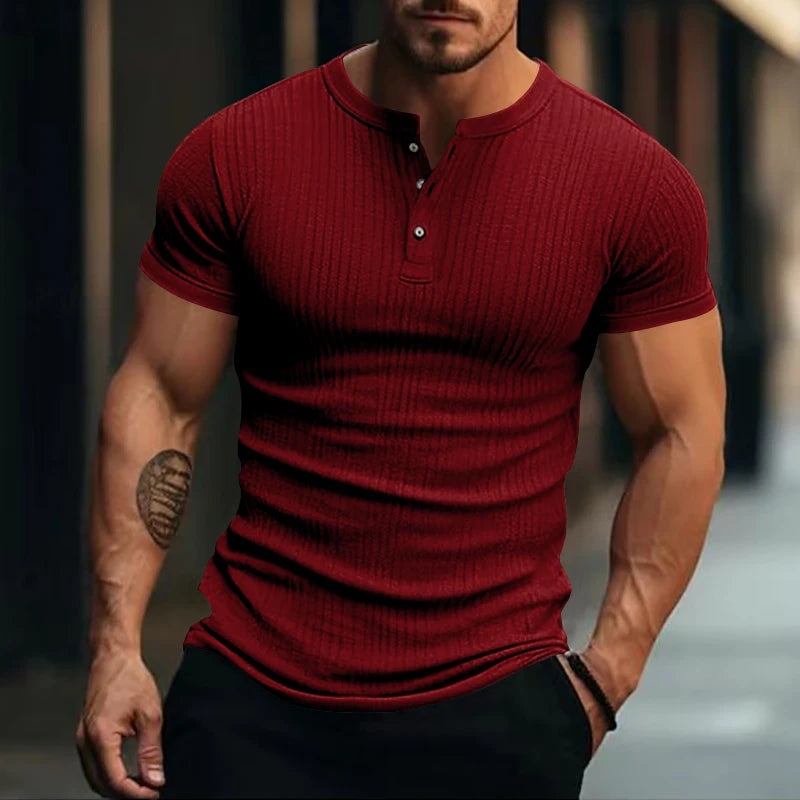 Mens Stylish Stripe Knit T-shirt -Fashionable Henley Neck, Short Sleeves, Soft & Breathable - Perfect Comfy Tops for Leisurewear