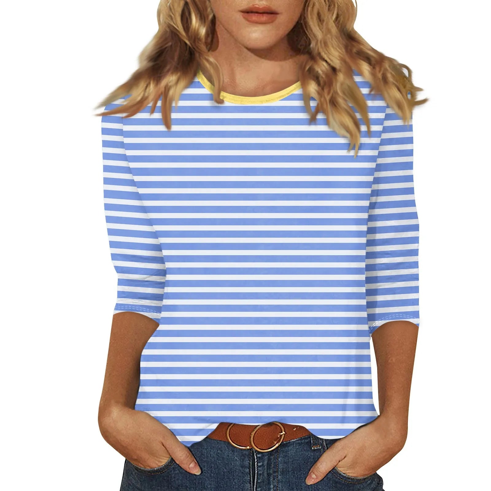 Women's Summer T-Shirts Fashion Casual Everyday Versatile O-Neck 3/4 Length Sleeve Tops Striped Print T-Shirt Tops Plus Size