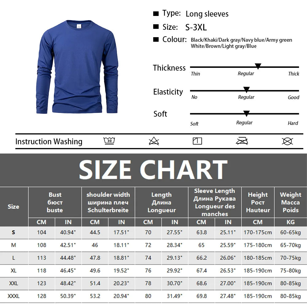 Men's Casual Long-sleeve T-shirt Round Neck Shirt Pullover Tops Daily Solid Sports Breathable versatile Men's T-shirts Clothes