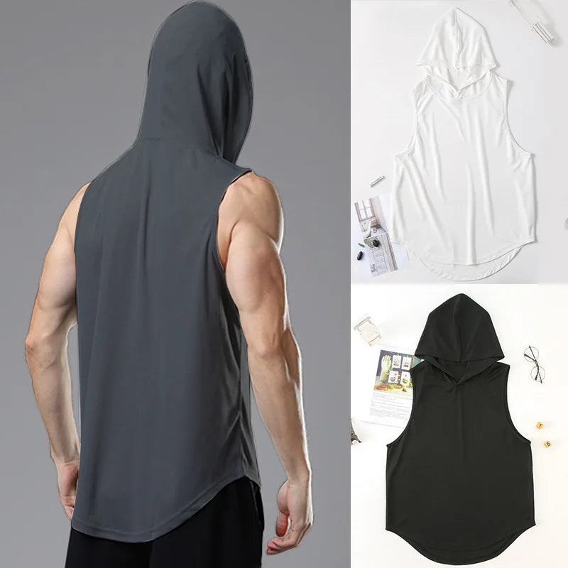 Mens Gym Tank top Men Fitness Sleeveless hooded Shirt Male Mesh Breathable Fitness Sports Vest Undershirt Gyms Running Vest Men