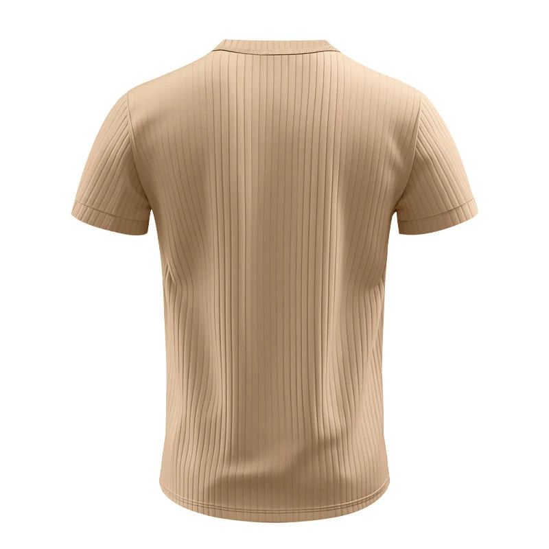 Mens Stylish Stripe Knit T-shirt -Fashionable Henley Neck, Short Sleeves, Soft & Breathable - Perfect Comfy Tops for Leisurewear