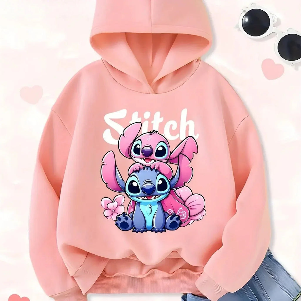 High-quality Printed Stitch and Lilo Pattern Boys and Girls Sweatshirt with Red Heart Design Autumn and Winter Pullover Fashion