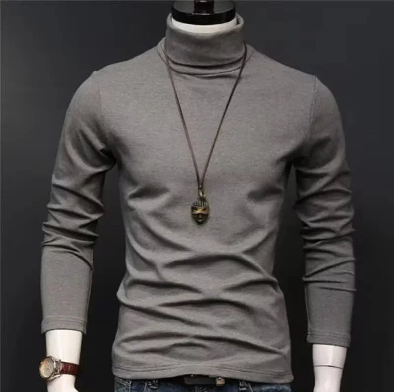 Basic Bottoming Plain T-shirt Fashion Men's Casual Slim Fit Basic Turtleneck High Collar Pullover Male Autumn Spring Thin Tops