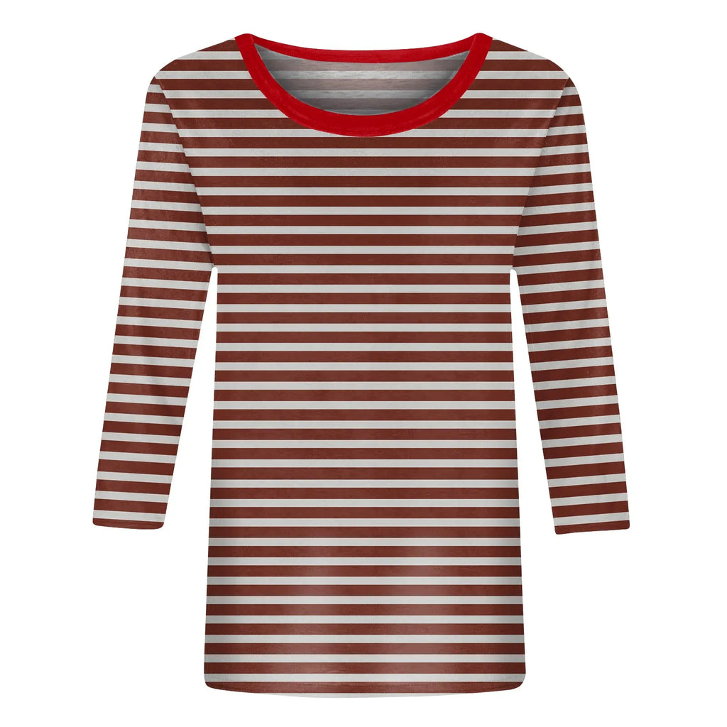 Women's Summer T-Shirts Fashion Casual Everyday Versatile O-Neck 3/4 Length Sleeve Tops Striped Print T-Shirt Tops Plus Size