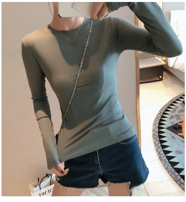 Women 2026 High Quality Plain T Shirt  Cotton Elastic Basic T-shirts Female Casual Tops Long Sleeve Sexy Thin T-shirt