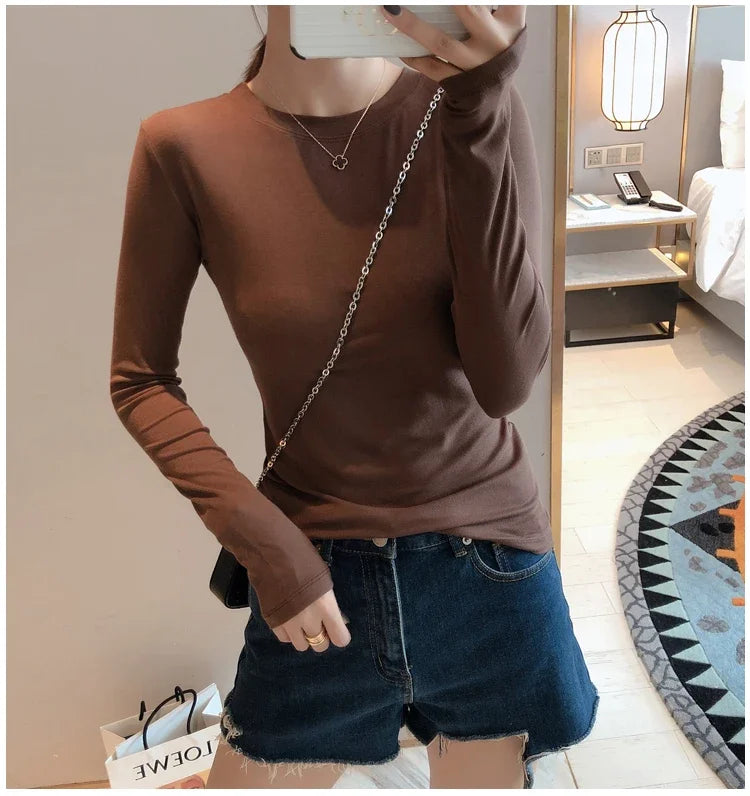 Women 2026 High Quality Plain T Shirt  Cotton Elastic Basic T-shirts Female Casual Tops Long Sleeve Sexy Thin T-shirt