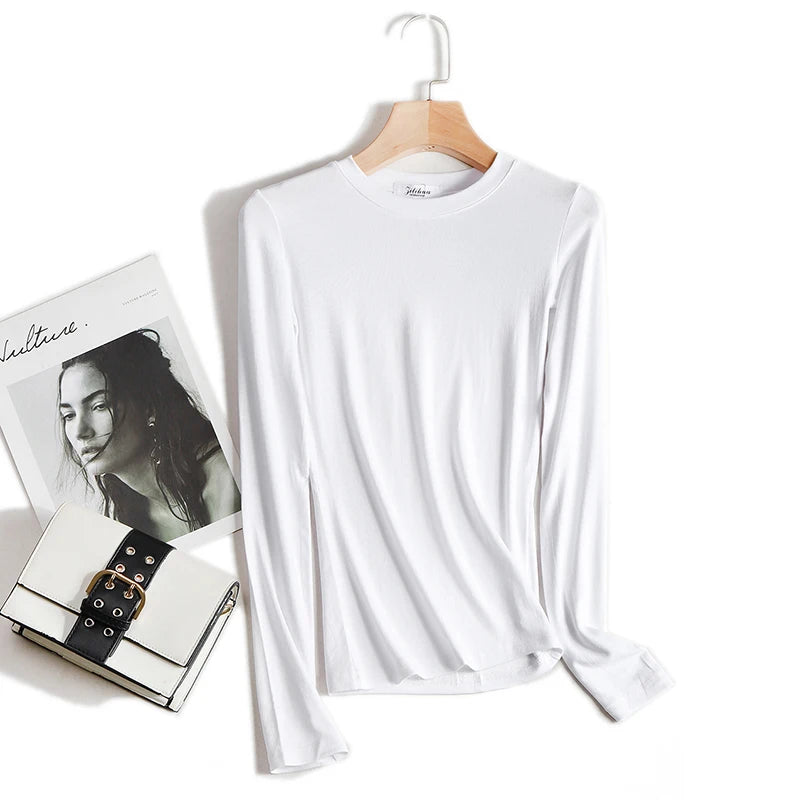 Plain Cotton Women T Shirt High Quality Elastic Basic Solid Long Sleeve T-shirts Female Casual Tops Korean Thin O Neck Tshirt