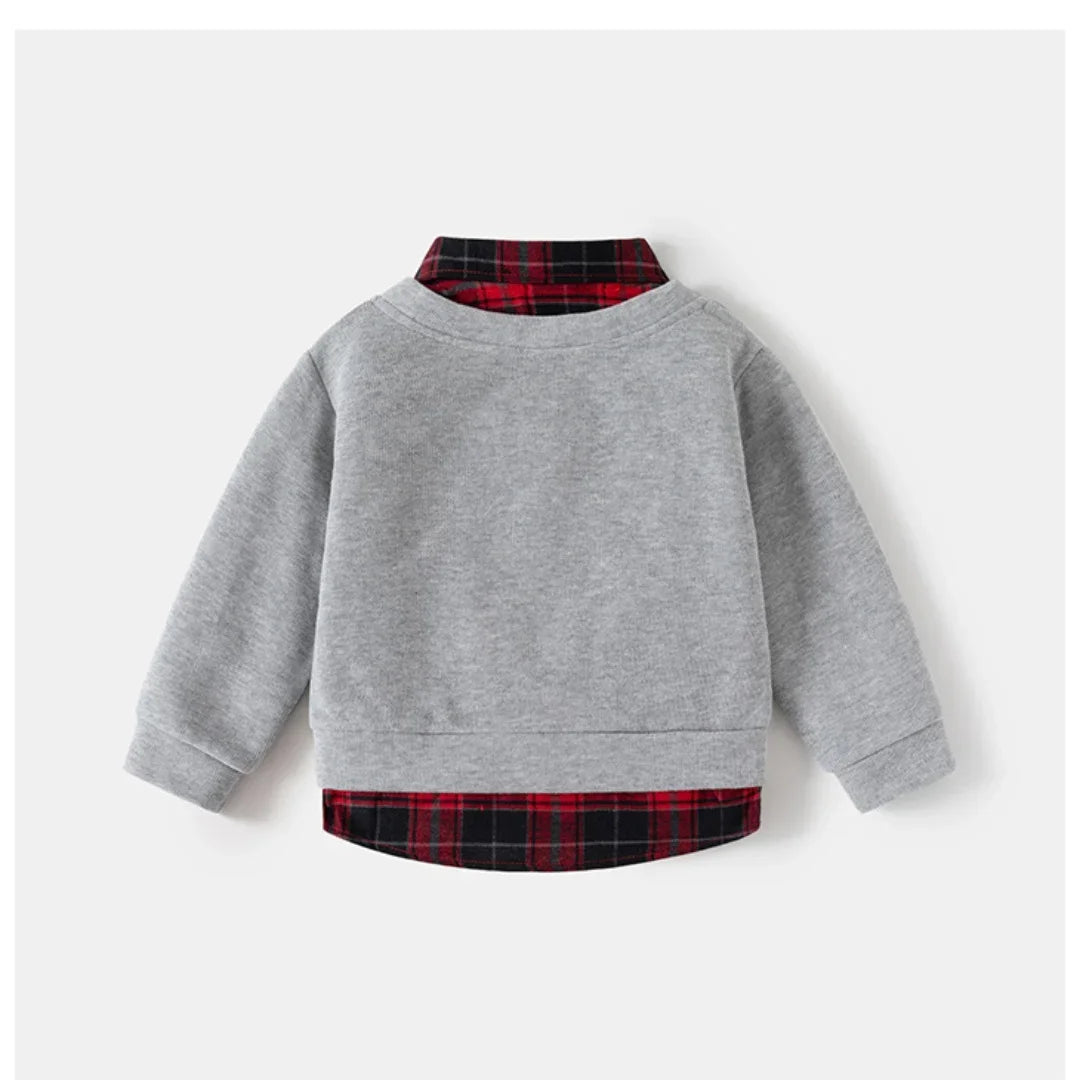 2-6Y Kids Girls Boys Plaid Shirt Baby Boy Clothes Fake Two-Piece Sweatshirt Collar Embroidery Badge Pullover Spring Casual Top
