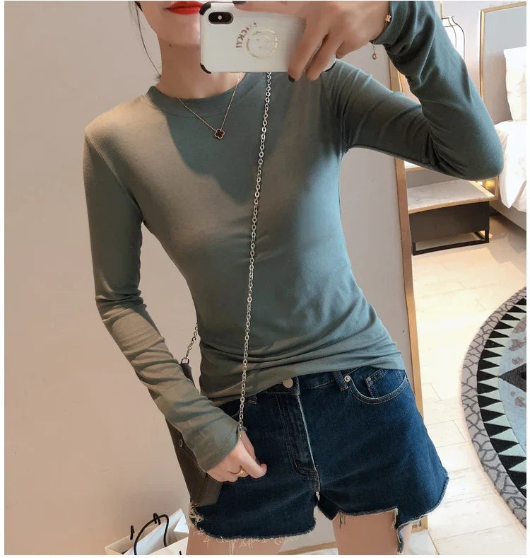 Women 2026 High Quality Plain T Shirt  Cotton Elastic Basic T-shirts Female Casual Tops Long Sleeve Sexy Thin T-shirt