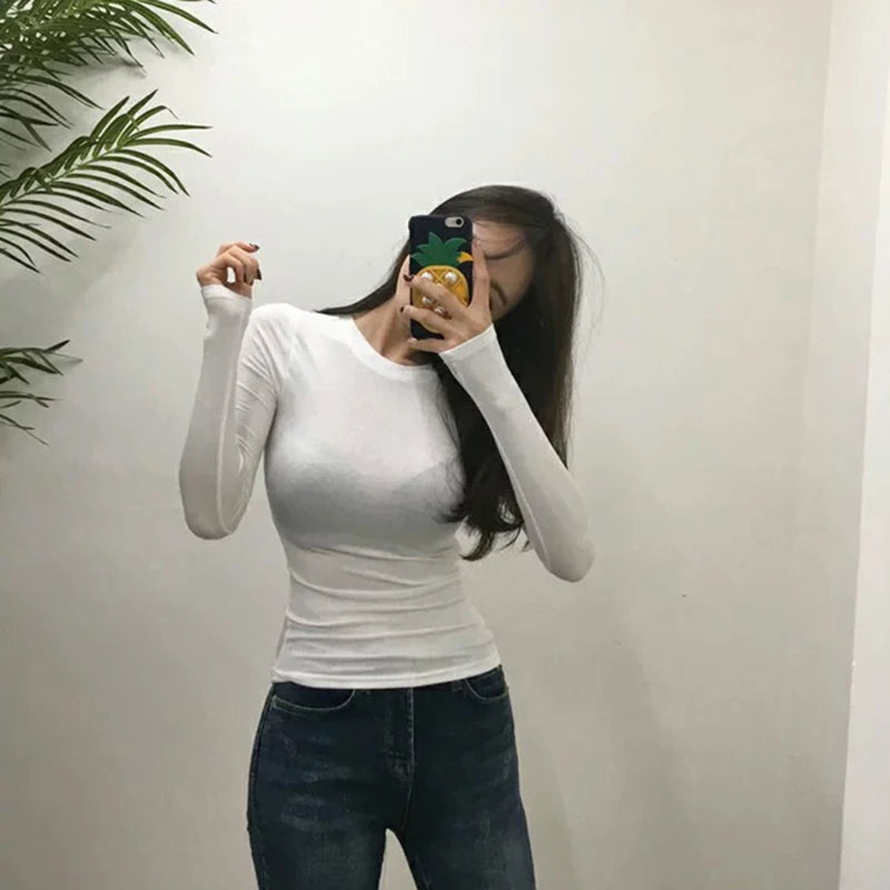 Plain Cotton Women T Shirt High Quality Elastic Basic Solid Long Sleeve T-shirts Female Casual Tops Korean Thin O Neck Tshirt