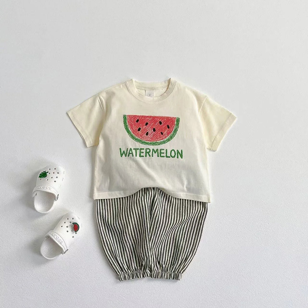 Fruit Tshirt Plaid Shorts 2Piece Set Boys And Girls Cute Tees Loose Shorts Kids New Simple Round Neck Tops+Shorts Kids Suit