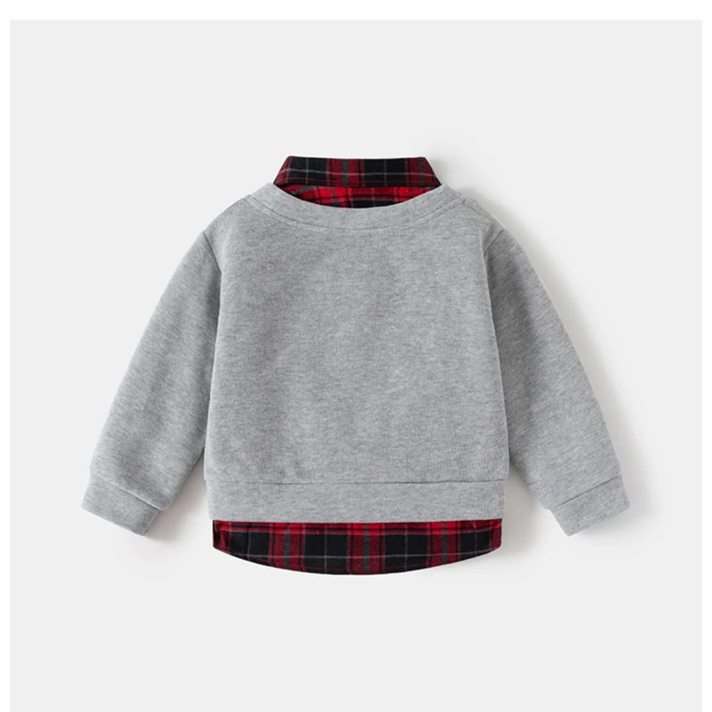 2-6Y Kids Girls Boys Plaid Shirt Baby Boy Clothes Fake Two-Piece Sweatshirt Collar Embroidery Badge Pullover Spring Casual Top