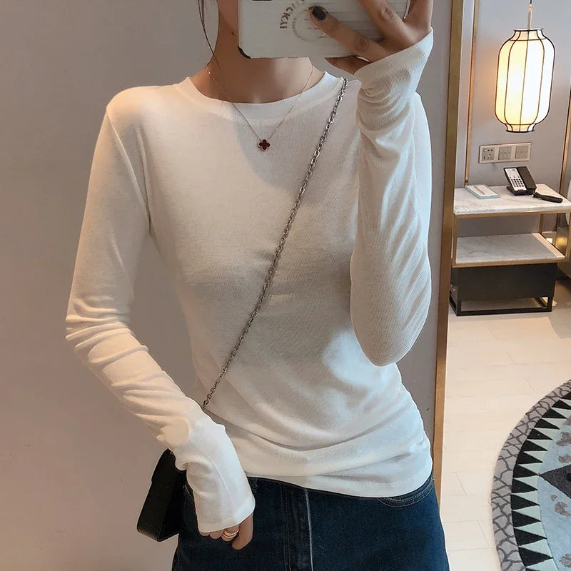 Women 2026 High Quality Plain T Shirt  Cotton Elastic Basic T-shirts Female Casual Tops Long Sleeve Sexy Thin T-shirt