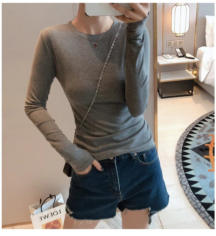 Women 2026 High Quality Plain T Shirt  Cotton Elastic Basic T-shirts Female Casual Tops Long Sleeve Sexy Thin T-shirt