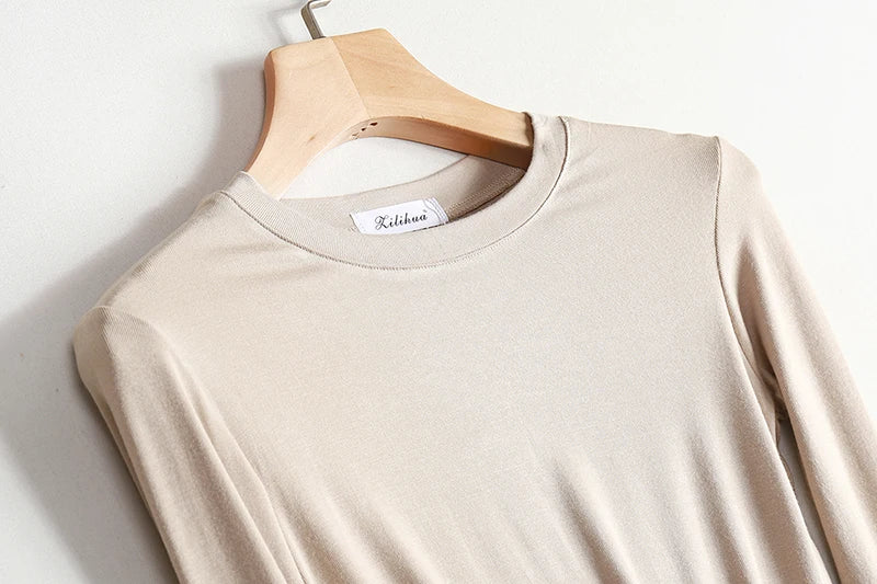 Plain Cotton Women T Shirt High Quality Elastic Basic Solid Long Sleeve T-shirts Female Casual Tops Korean Thin O Neck Tshirt