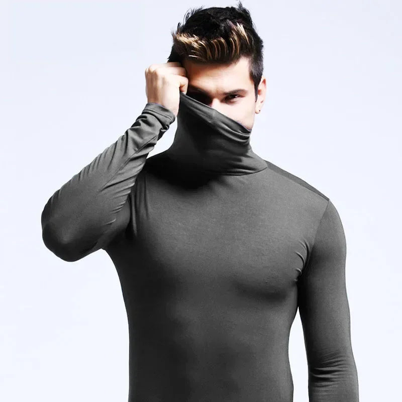 Basic Bottoming Plain T-shirt Fashion Men's Casual Slim Fit Basic Turtleneck High Collar Pullover Male Autumn Spring Thin Tops