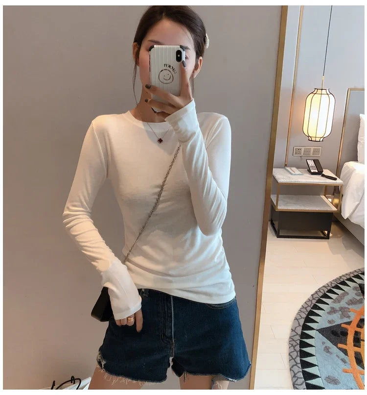 Women 2026 High Quality Plain T Shirt  Cotton Elastic Basic T-shirts Female Casual Tops Long Sleeve Sexy Thin T-shirt