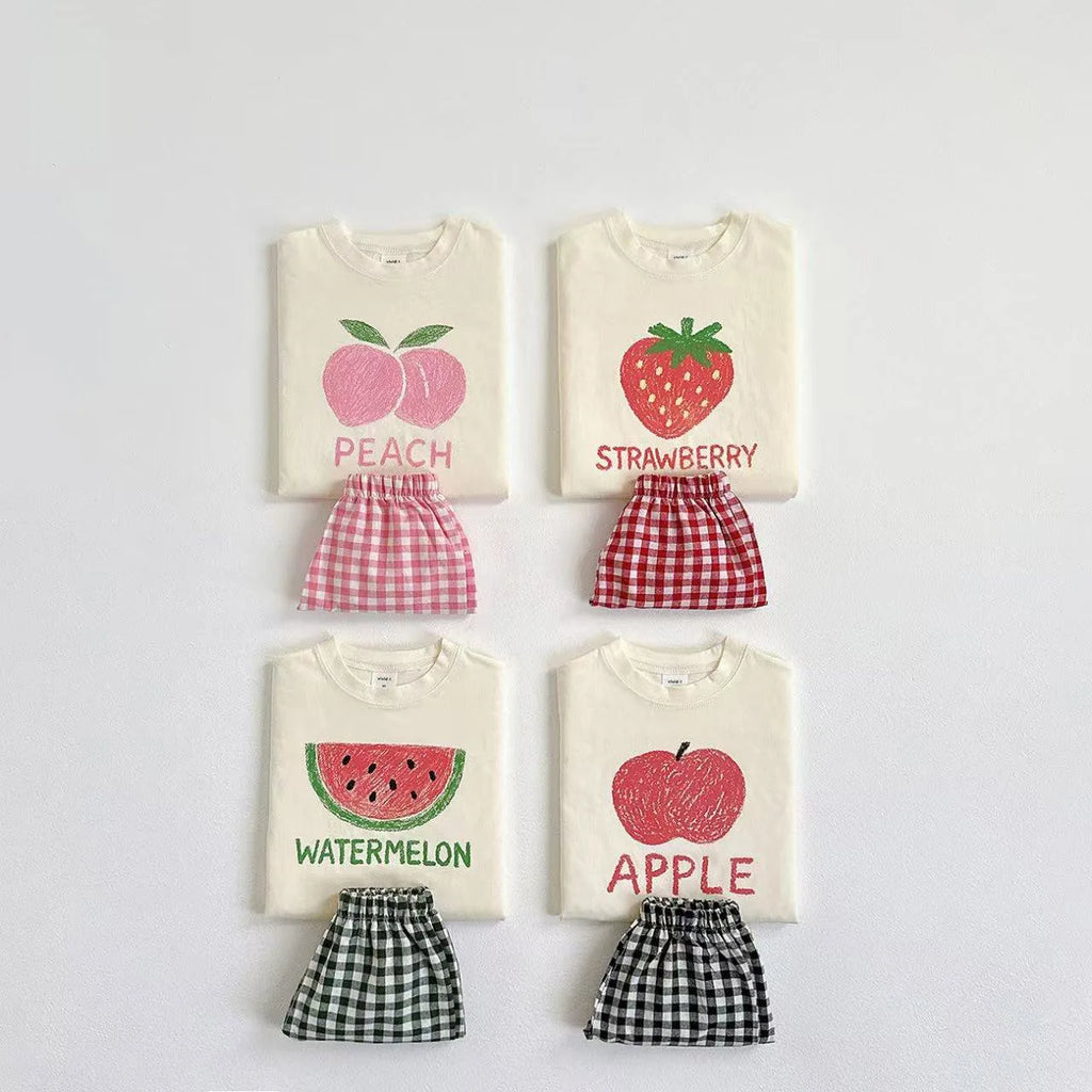 Fruit Tshirt Plaid Shorts 2Piece Set Boys And Girls Cute Tees Loose Shorts Kids New Simple Round Neck Tops+Shorts Kids Suit