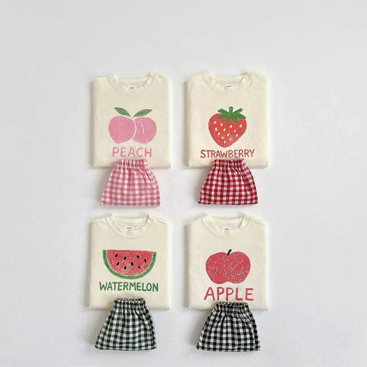 Fruit Tshirt Plaid Shorts 2Piece Set Boys And Girls Cute Tees Loose Shorts Kids New Simple Round Neck Tops+Shorts Kids Suit