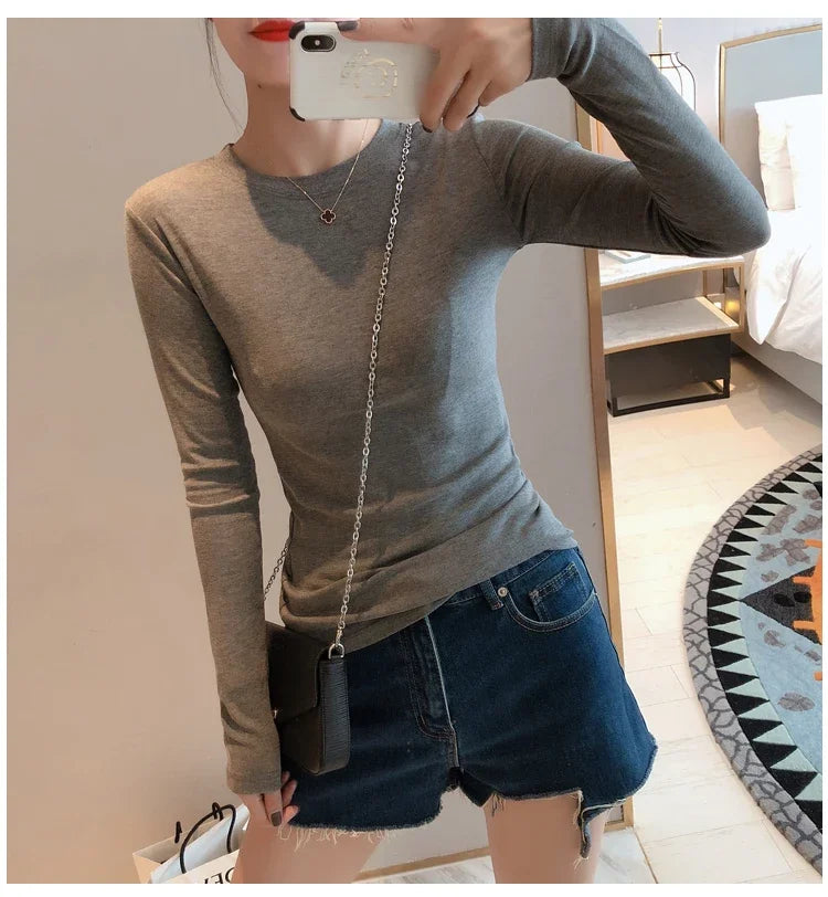Women 2026 High Quality Plain T Shirt  Cotton Elastic Basic T-shirts Female Casual Tops Long Sleeve Sexy Thin T-shirt