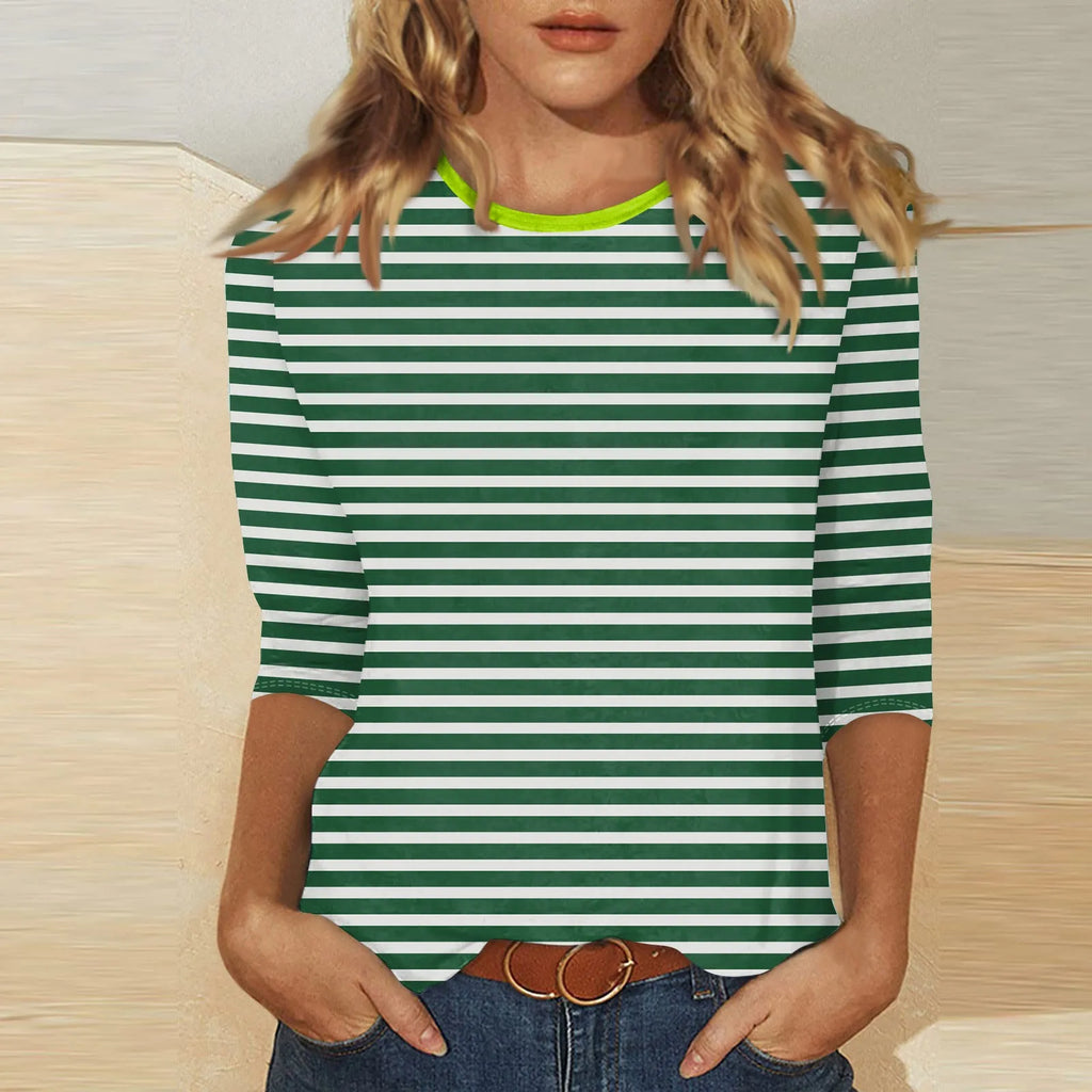 Women's Summer T-Shirts Fashion Casual Everyday Versatile O-Neck 3/4 Length Sleeve Tops Striped Print T-Shirt Tops Plus Size