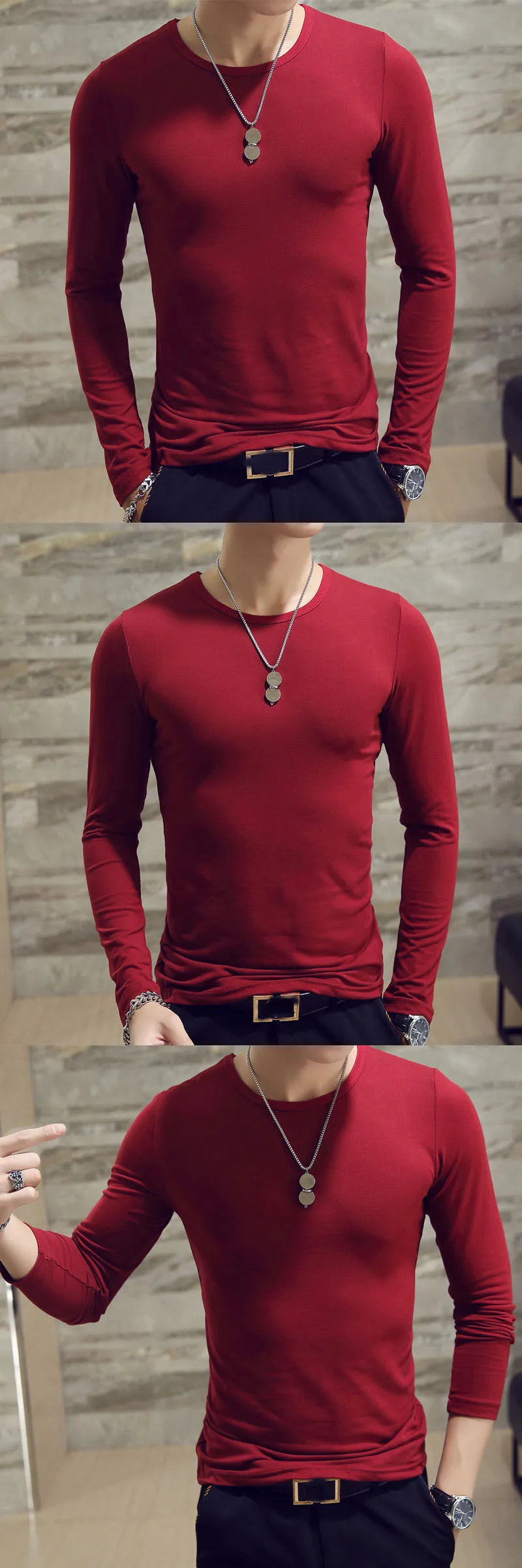 Mens Casual Slim Fit Long Sleeve T-Shirts O-Neck Man Elastic Lightweight Base Layer Male T Shirt Solid Color Tops Tees White