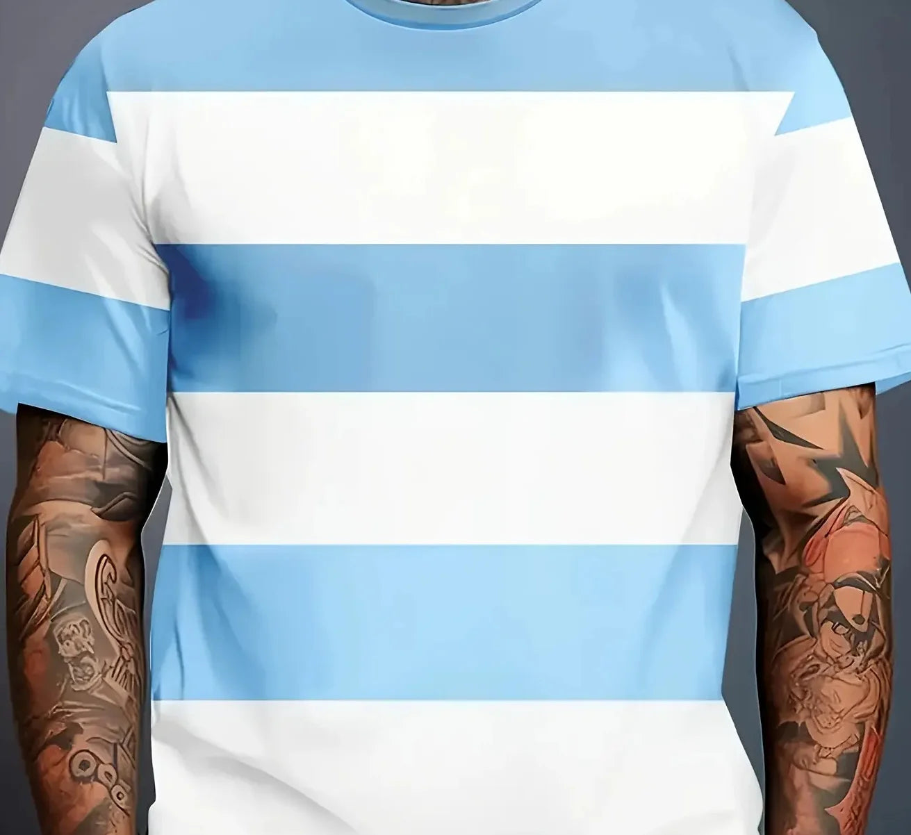 Men's Basic Versatile Striped T-Shirt | Simple Light Blue and White Print | Multi-Way Wear for Casual and Fitness Occasions