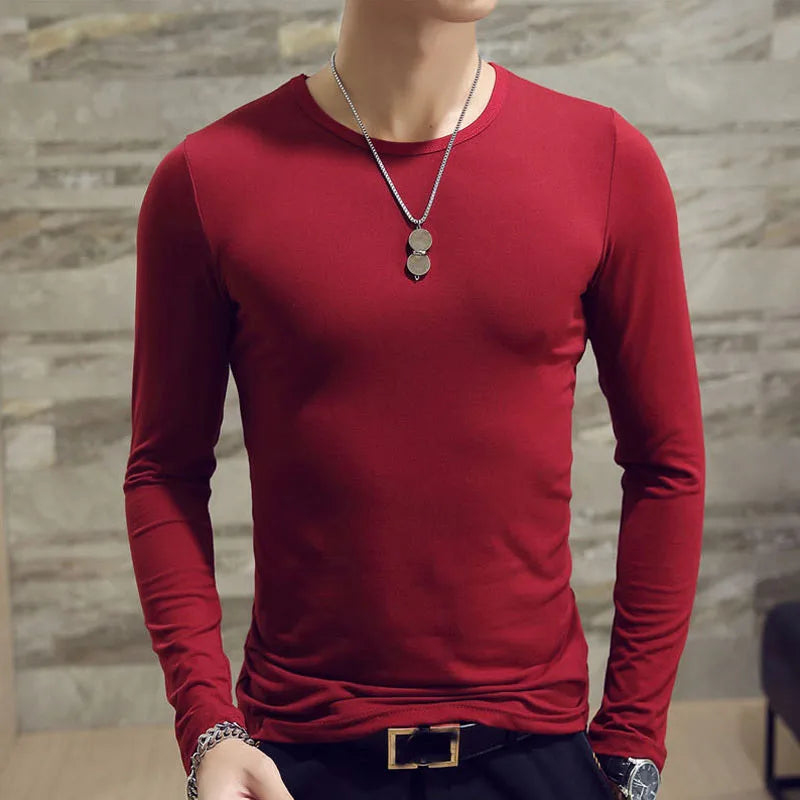 Mens Casual Slim Fit Long Sleeve T-Shirts O-Neck Man Elastic Lightweight Base Layer Male T Shirt Solid Color Tops Tees White