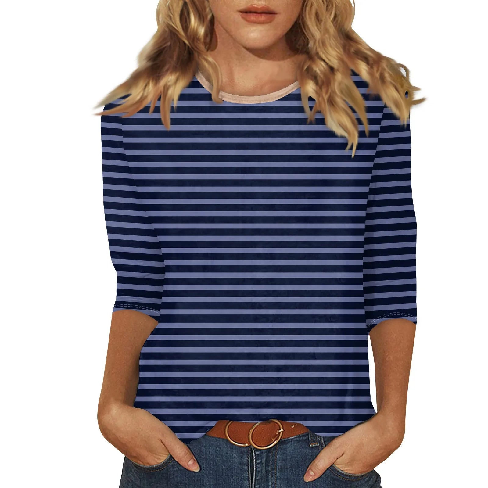 Women's Summer T-Shirts Fashion Casual Everyday Versatile O-Neck 3/4 Length Sleeve Tops Striped Print T-Shirt Tops Plus Size