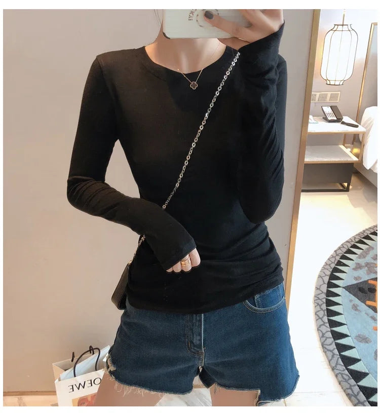 Women 2026 High Quality Plain T Shirt  Cotton Elastic Basic T-shirts Female Casual Tops Long Sleeve Sexy Thin T-shirt