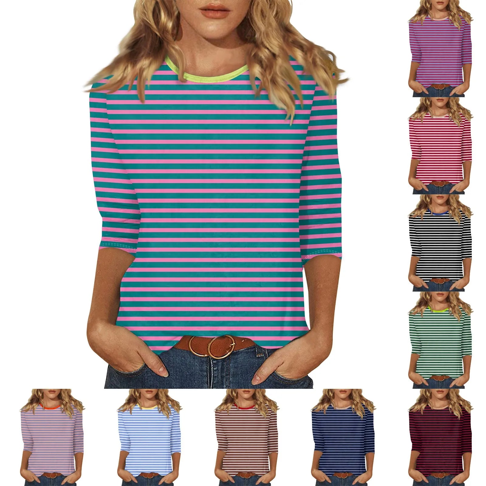 Women's Summer T-Shirts Fashion Casual Everyday Versatile O-Neck 3/4 Length Sleeve Tops Striped Print T-Shirt Tops Plus Size