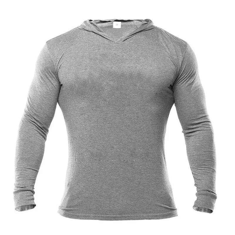 Plain Mens Hooded Running T-shirts Autumn Cotton Fitness Long Sleeve Hoodies Breathable Workout Gym Clothing Sports Muscle Shirt