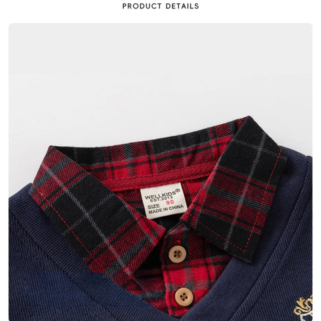 2-6Y Kids Girls Boys Plaid Shirt Baby Boy Clothes Fake Two-Piece Sweatshirt Collar Embroidery Badge Pullover Spring Casual Top