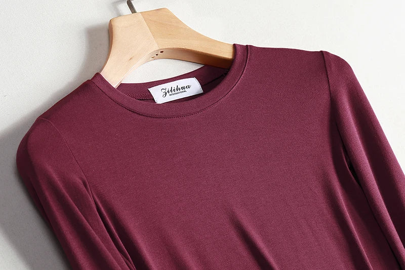 Plain Cotton Women T Shirt High Quality Elastic Basic Solid Long Sleeve T-shirts Female Casual Tops Korean Thin O Neck Tshirt