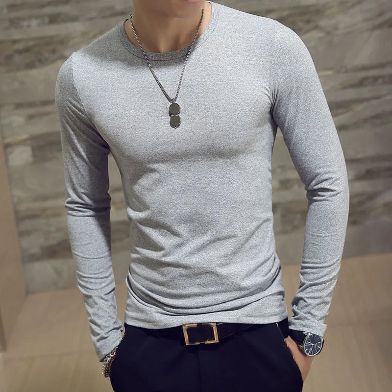 Mens Casual Slim Fit Long Sleeve T-Shirts O-Neck Man Elastic Lightweight Base Layer Male T Shirt Solid Color Tops Tees White