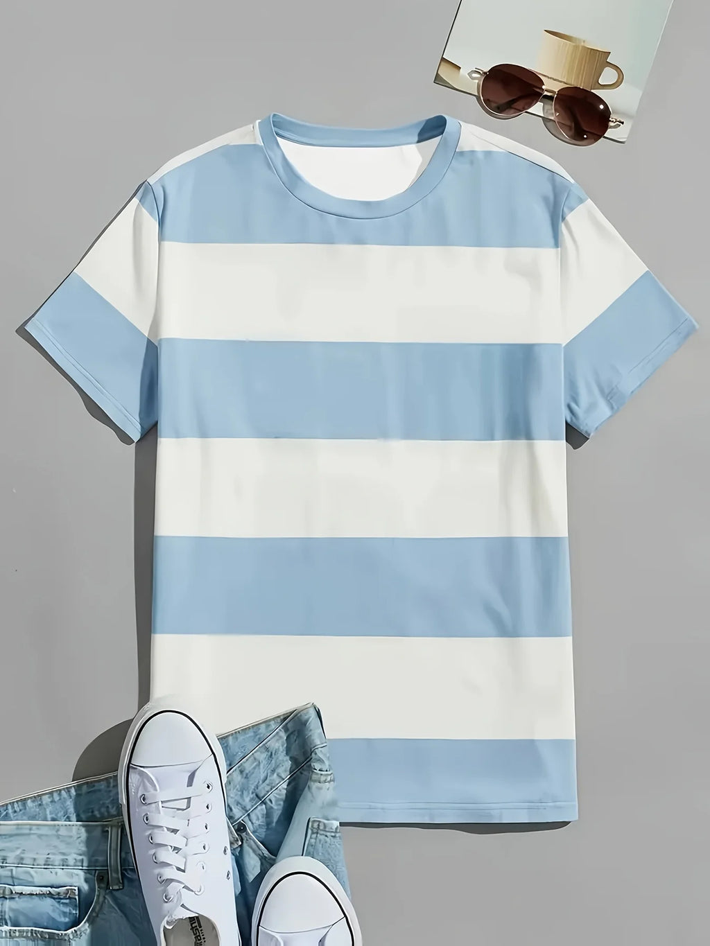 Men's Basic Versatile Striped T-Shirt | Simple Light Blue and White Print | Multi-Way Wear for Casual and Fitness Occasions