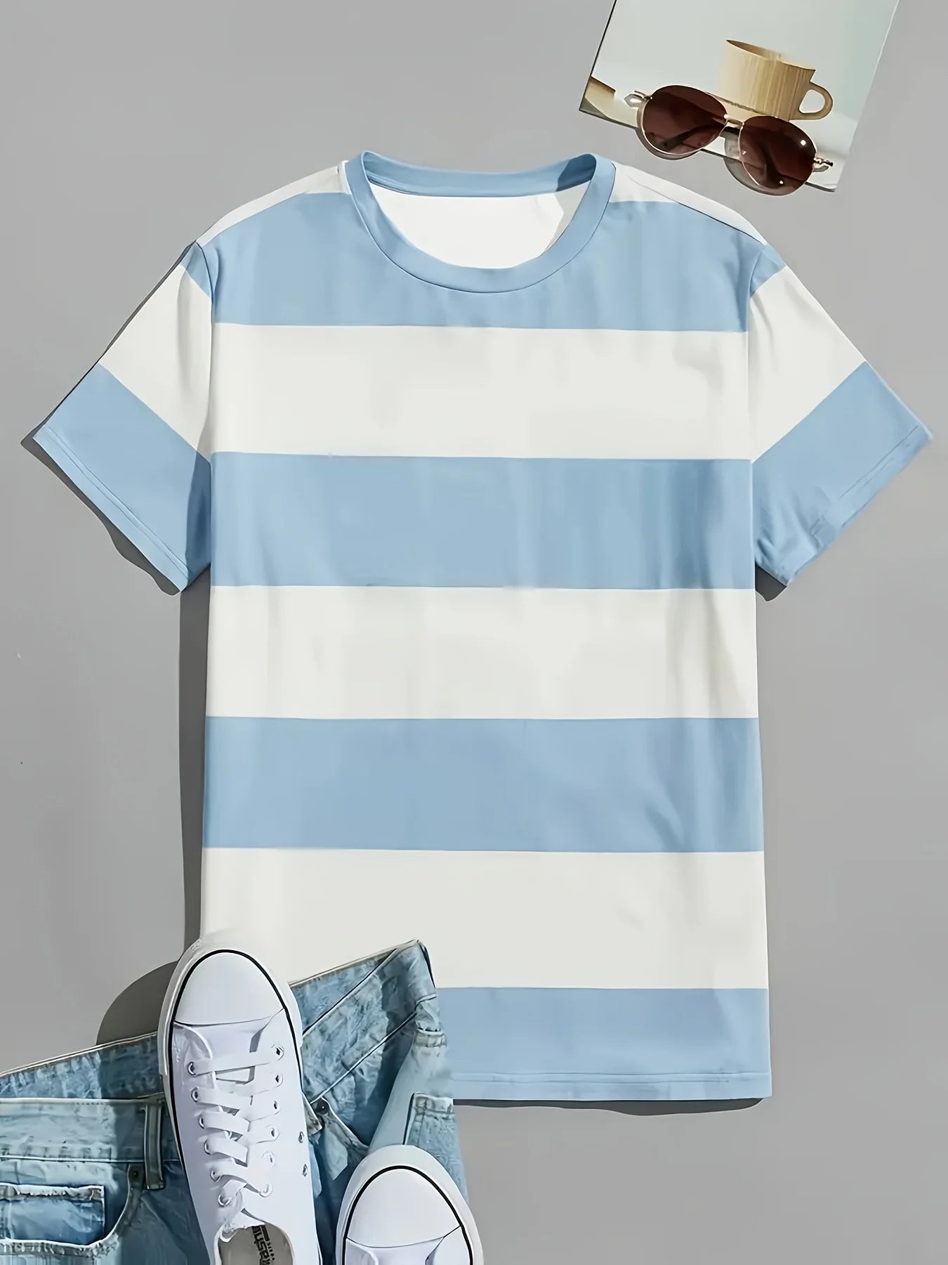Men's Basic Versatile Striped T-Shirt | Simple Light Blue and White Print | Multi-Way Wear for Casual and Fitness Occasions