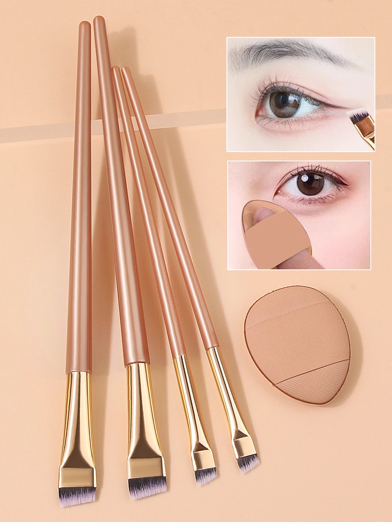 Makeup brush set: ultra-fine eyeliner brush + slanting eyebrow brush + under-eyelid to under-eye brush with mini powder puff