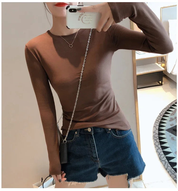 Women 2026 High Quality Plain T Shirt  Cotton Elastic Basic T-shirts Female Casual Tops Long Sleeve Sexy Thin T-shirt