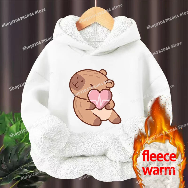 Kawaii Capybara Children's Clothing Lamb Wool Pullover Hoodies Boys Girls Winter Warm Thick Long Sleeved Sweatshirt Anime Gifts