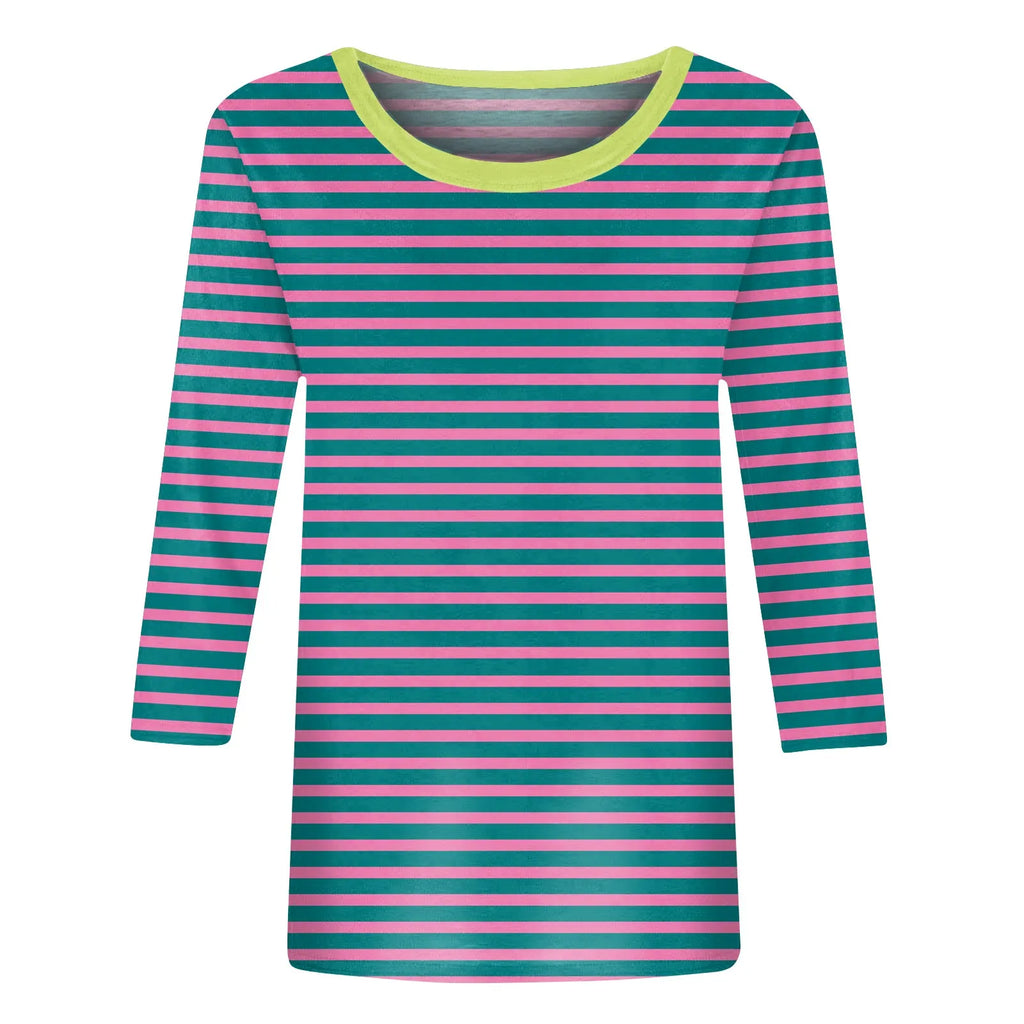 Women's Summer T-Shirts Fashion Casual Everyday Versatile O-Neck 3/4 Length Sleeve Tops Striped Print T-Shirt Tops Plus Size