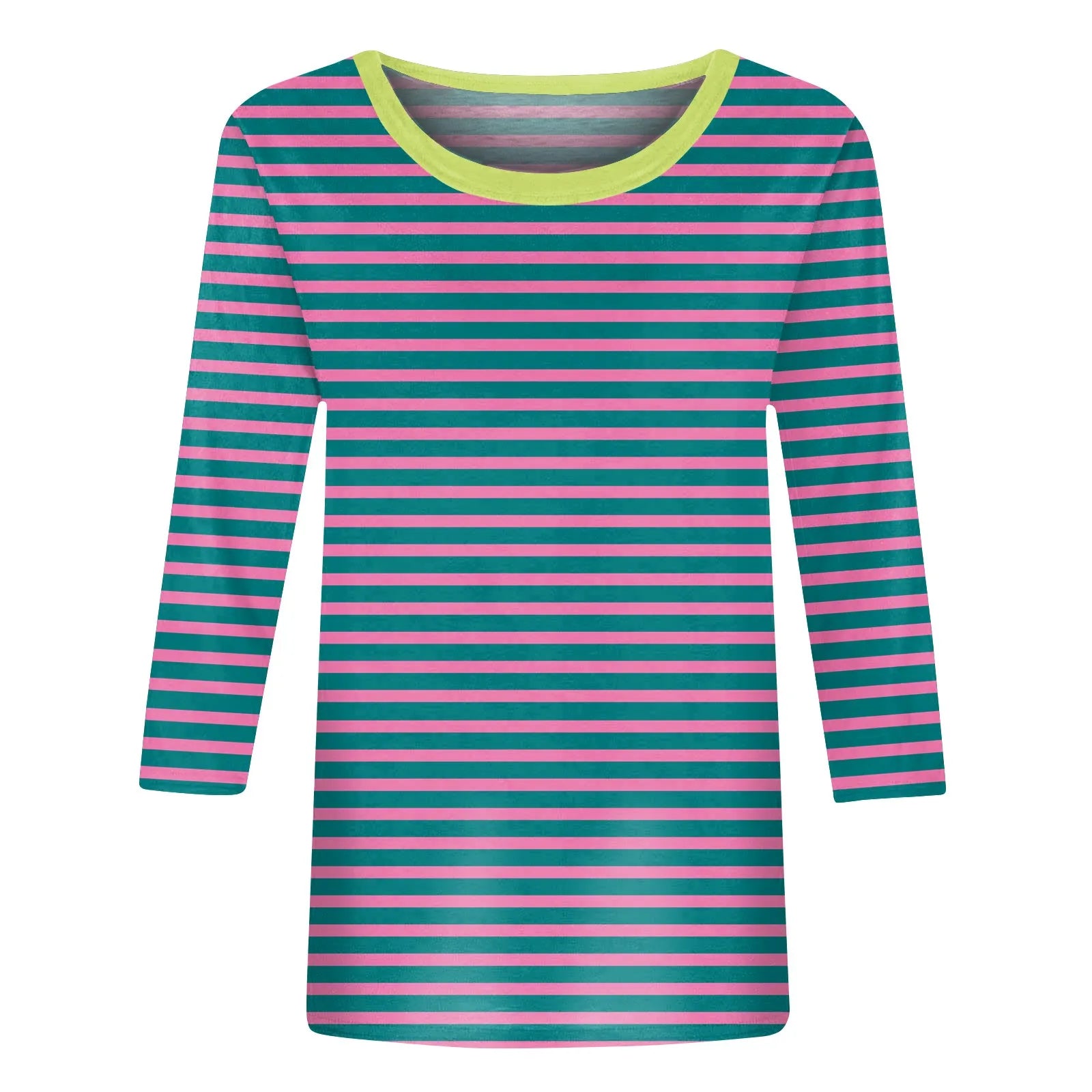 Women's Summer T-Shirts Fashion Casual Everyday Versatile O-Neck 3/4 Length Sleeve Tops Striped Print T-Shirt Tops Plus Size