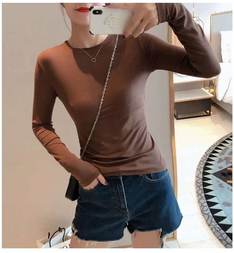 Women 2026 High Quality Plain T Shirt  Cotton Elastic Basic T-shirts Female Casual Tops Long Sleeve Sexy Thin T-shirt