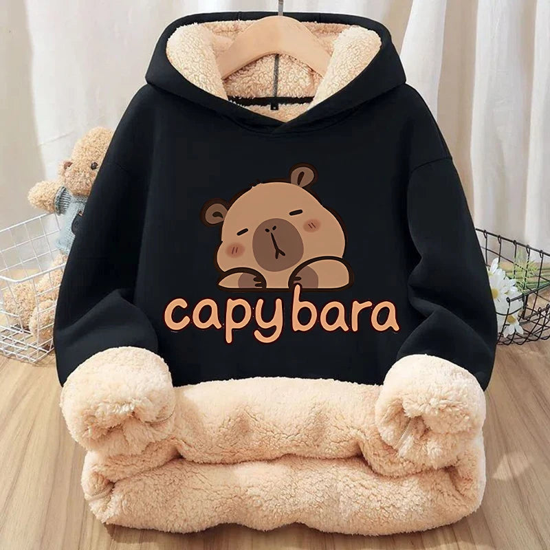 Kawaii Capybara Children's Clothing Lamb Wool Pullover Hoodies Boys Girls Winter Warm Thick Long Sleeved Sweatshirt Anime Gifts