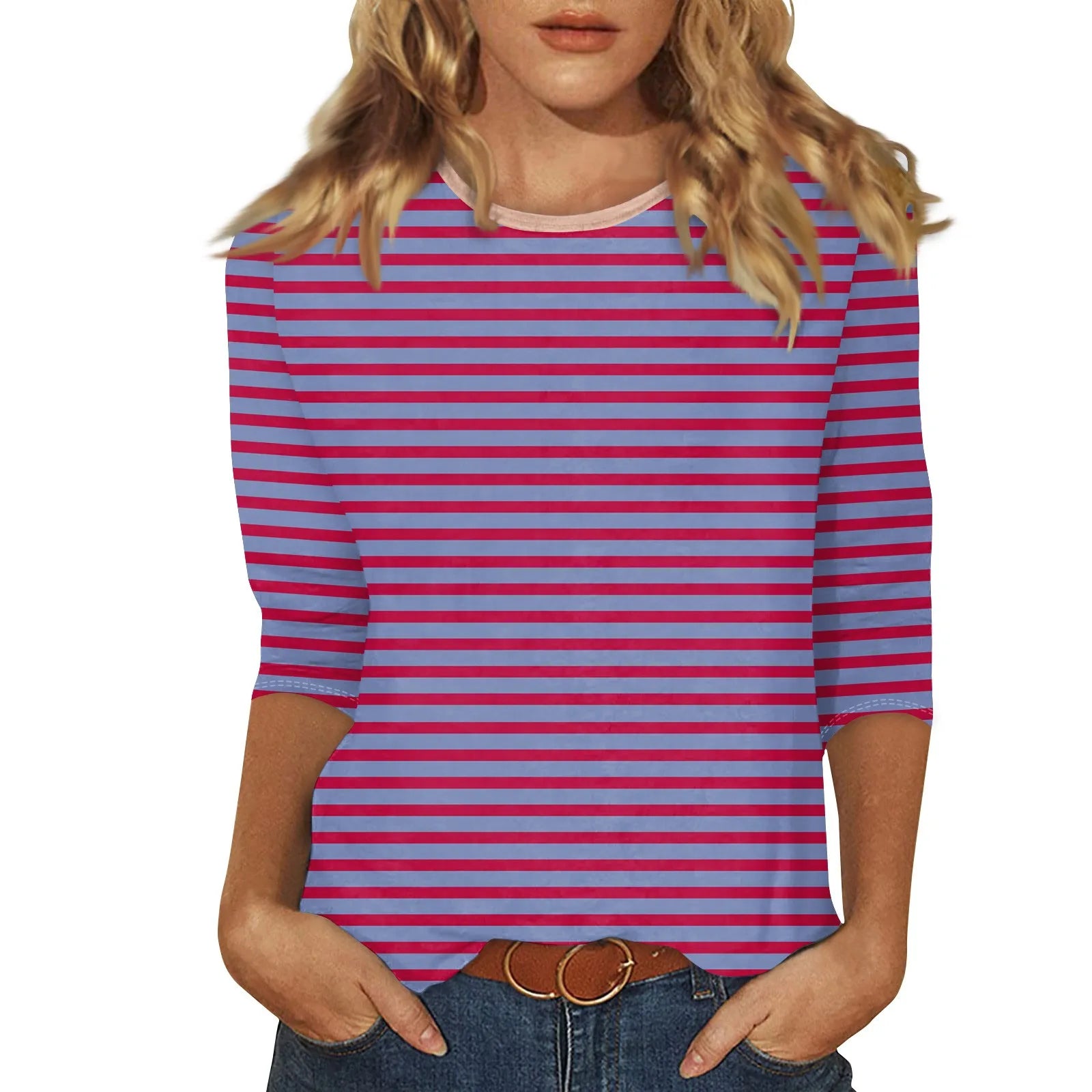 Women's Summer T-Shirts Fashion Casual Everyday Versatile O-Neck 3/4 Length Sleeve Tops Striped Print T-Shirt Tops Plus Size