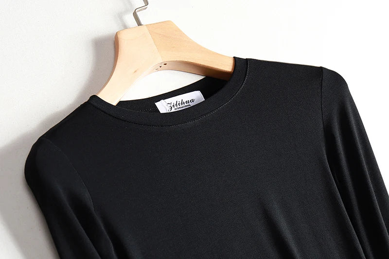 Plain Cotton Women T Shirt High Quality Elastic Basic Solid Long Sleeve T-shirts Female Casual Tops Korean Thin O Neck Tshirt