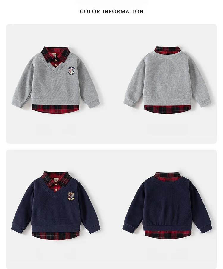2-6Y Kids Girls Boys Plaid Shirt Baby Boy Clothes Fake Two-Piece Sweatshirt Collar Embroidery Badge Pullover Spring Casual Top