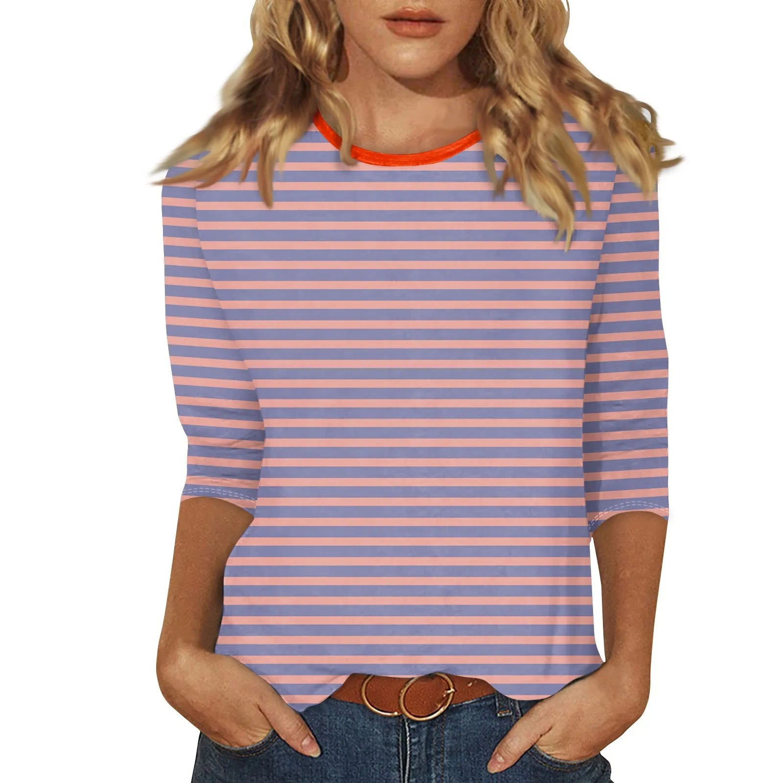 Women's Summer T-Shirts Fashion Casual Everyday Versatile O-Neck 3/4 Length Sleeve Tops Striped Print T-Shirt Tops Plus Size