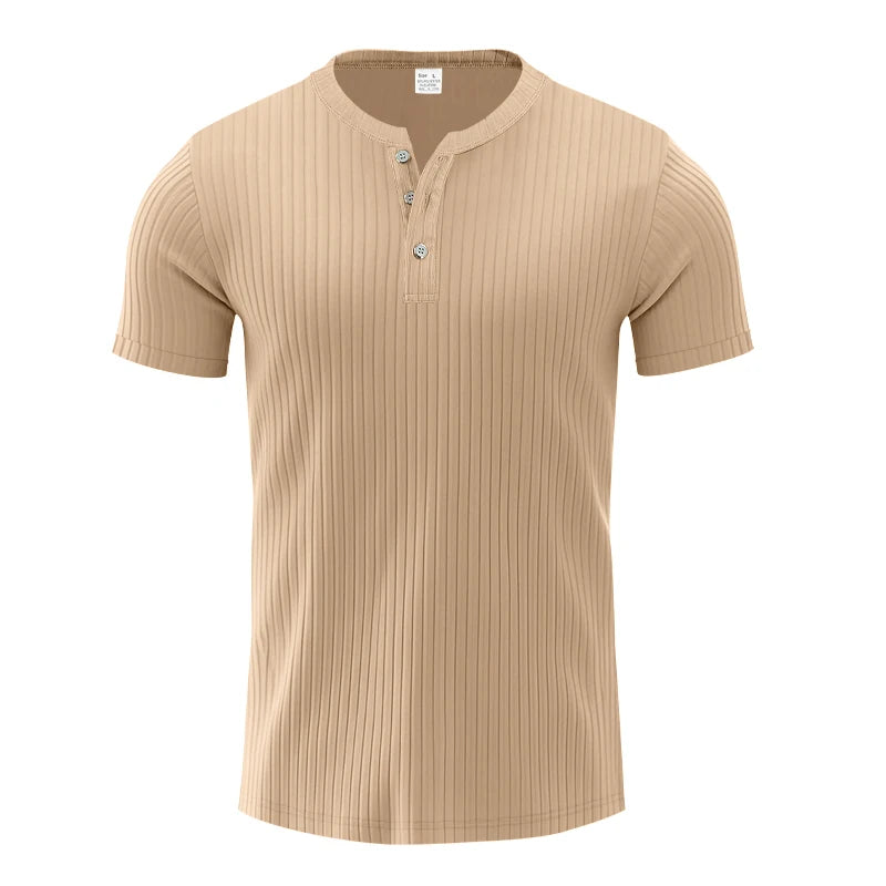 Mens Stylish Stripe Knit T-shirt -Fashionable Henley Neck, Short Sleeves, Soft & Breathable - Perfect Comfy Tops for Leisurewear