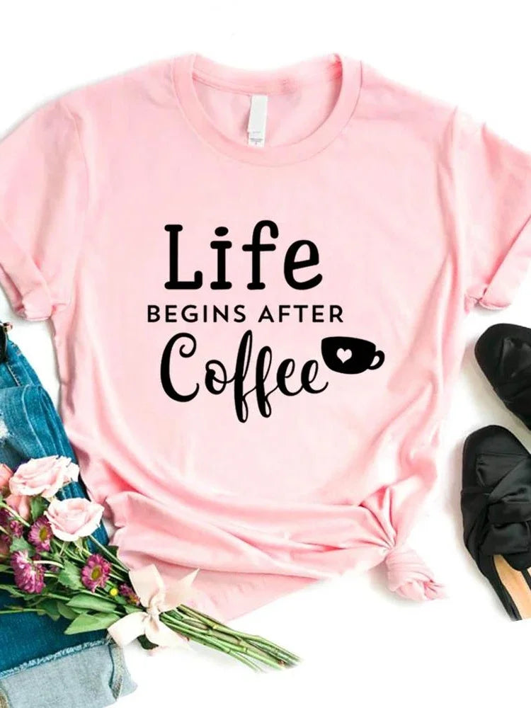 Women T Shirt Life Begins After Coffee Print Tshirt Women Short Sleeve O Neck Loose T-shirt Ladies Causal Tee Shirt Tops